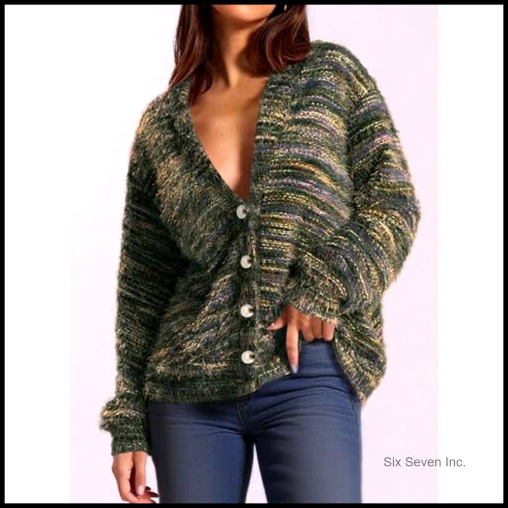 Striped V-Neck Cardigan Fuzzy Knit Oversized Chic Fall Winter Outerwear - Picture 3 of 7
